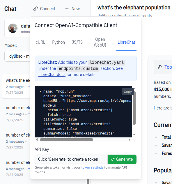 Connect modal with LibreChat tab