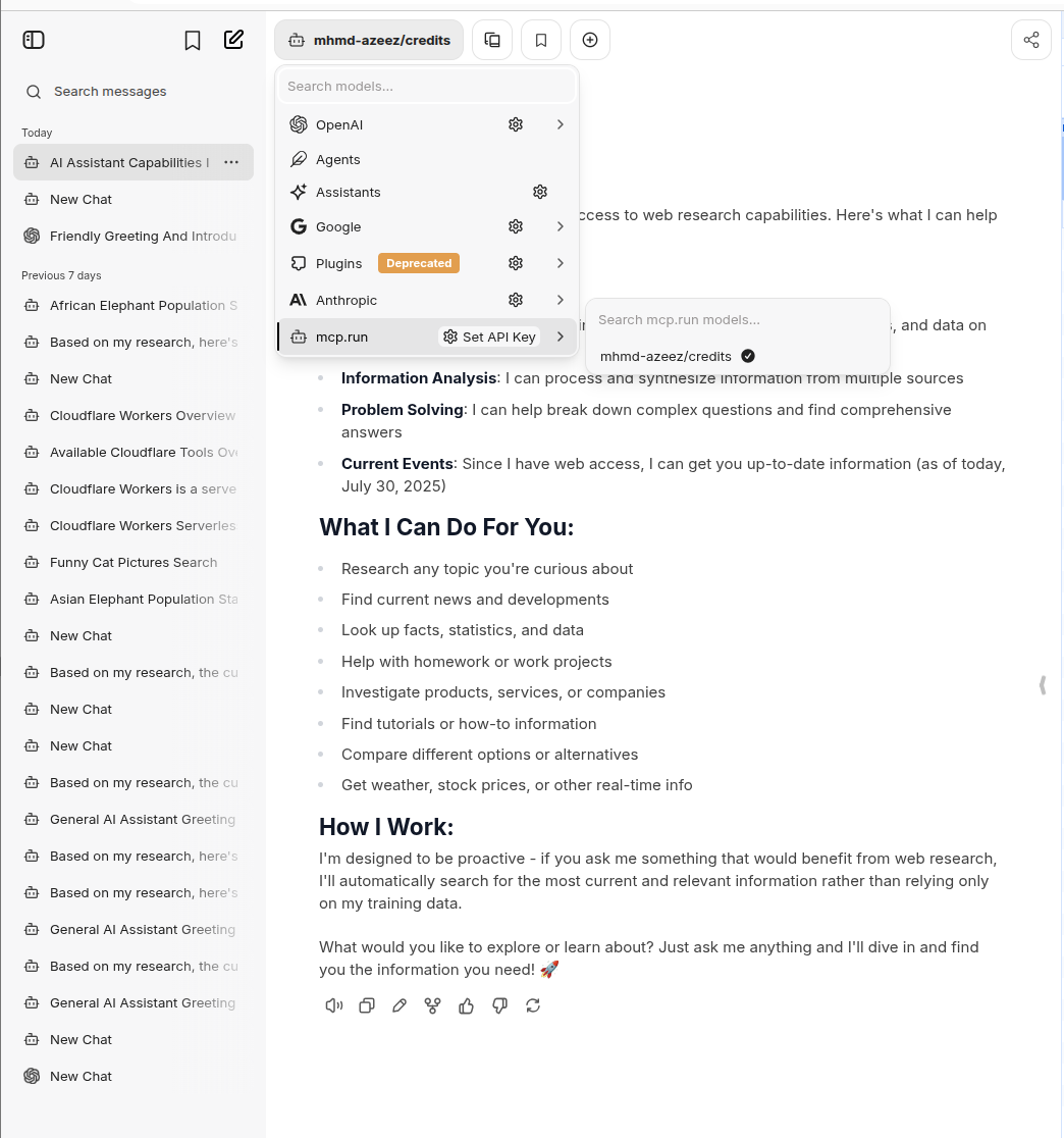 LibreChat with mcp.run configured
