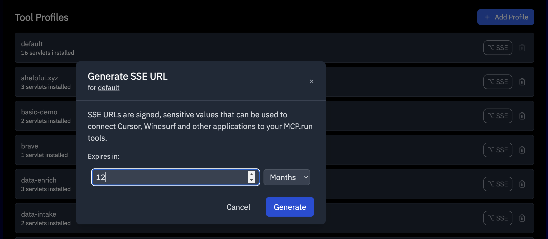 mcp.run Generate SSE URL