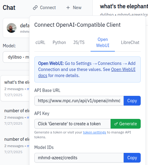 Connect modal with Open WebUI tab