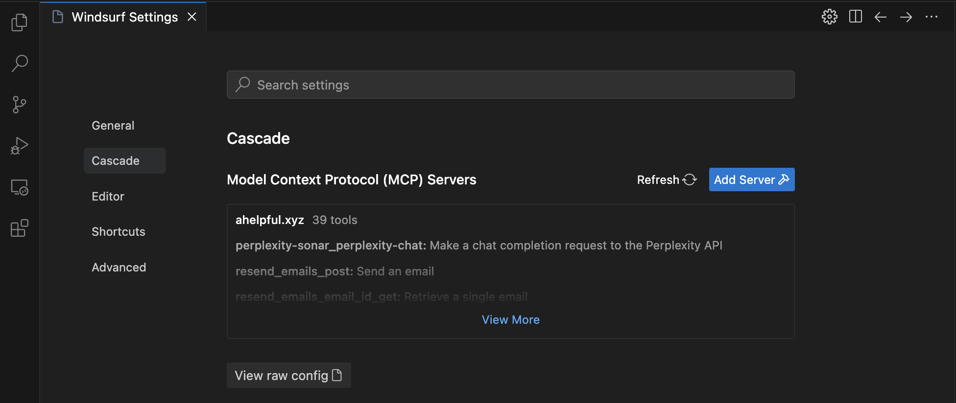Windsurf Cascade MCP Config button